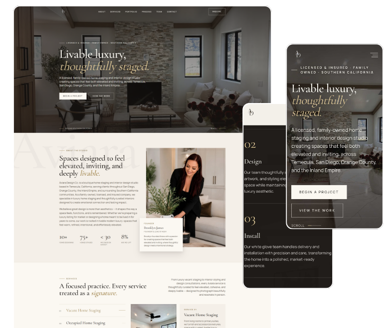 Aviara Design Co. luxury home staging website displayed on desktop and mobile screens