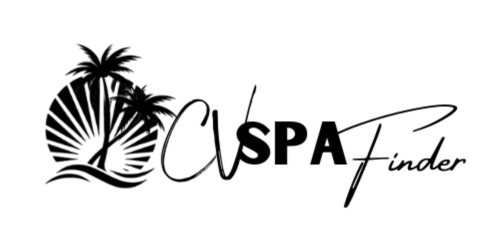 CV Spa Finder logo featuring palm trees, a sunset icon, and elegant typography representing a spa and wellness directory.