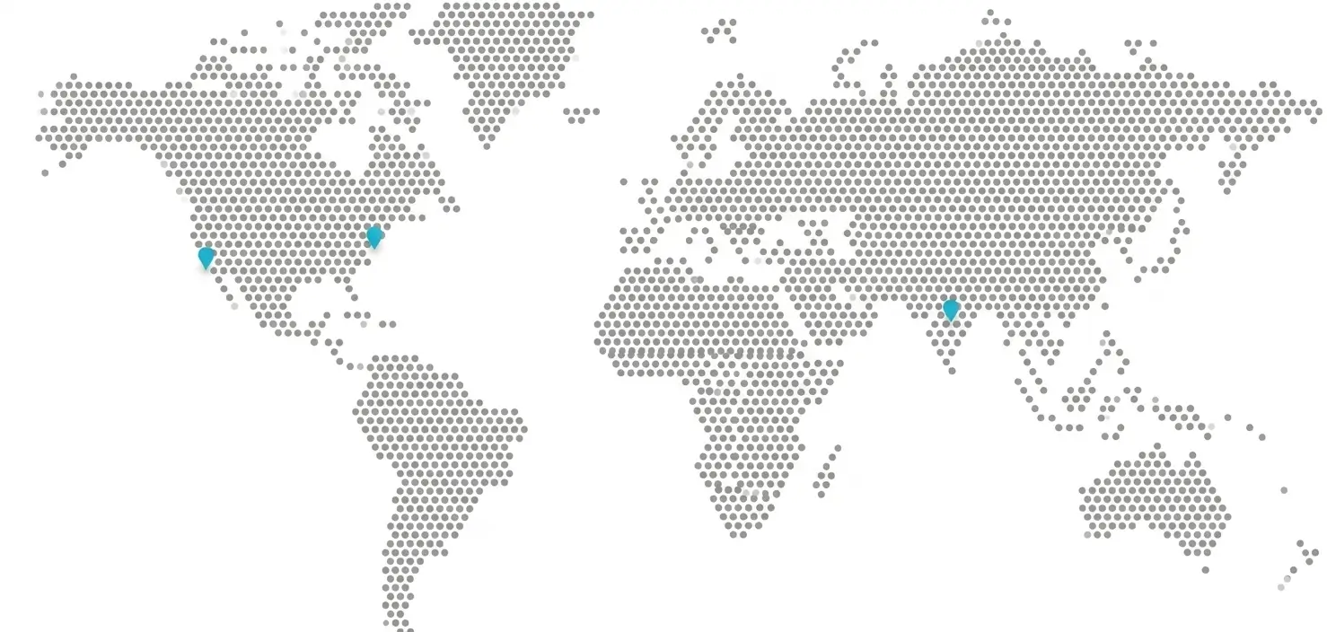 World map with highlighted locations in the United States and India