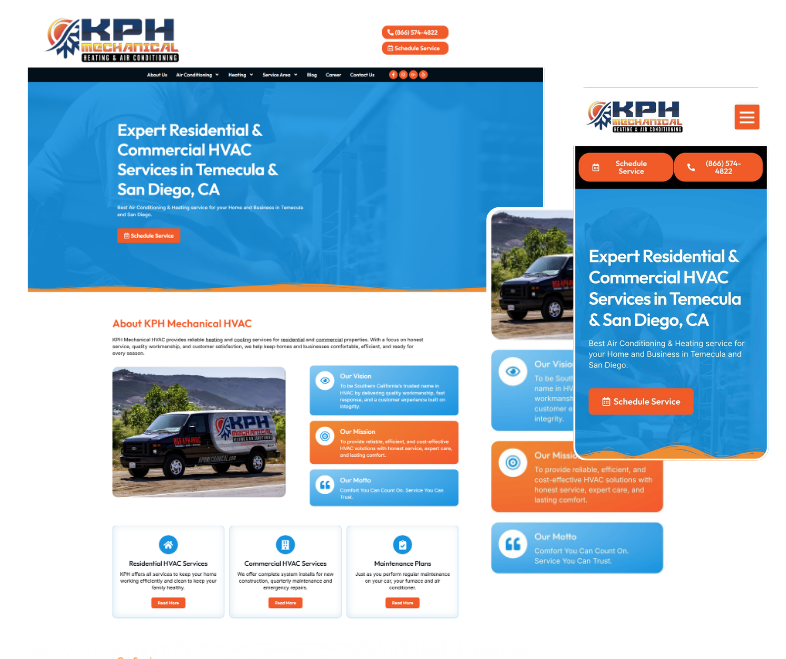 KPH Mechanical residential and commercial HVAC services website design shown on desktop and mobile screens