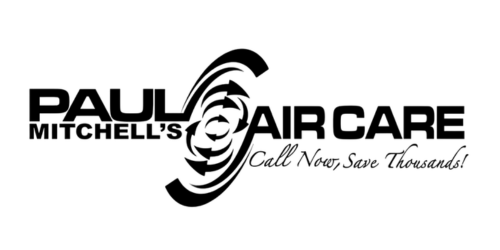 Paul Mitchell Air Care logo featuring a stylized fan icon with the company name and the tagline "Call Now, Save Thousands!"