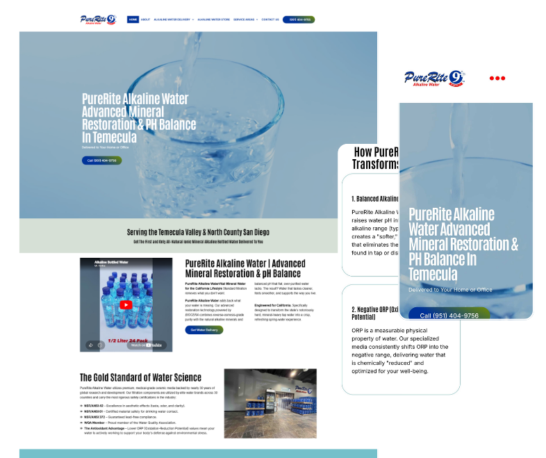 PureRite Alkaline Water website displayed on desktop and mobile screens